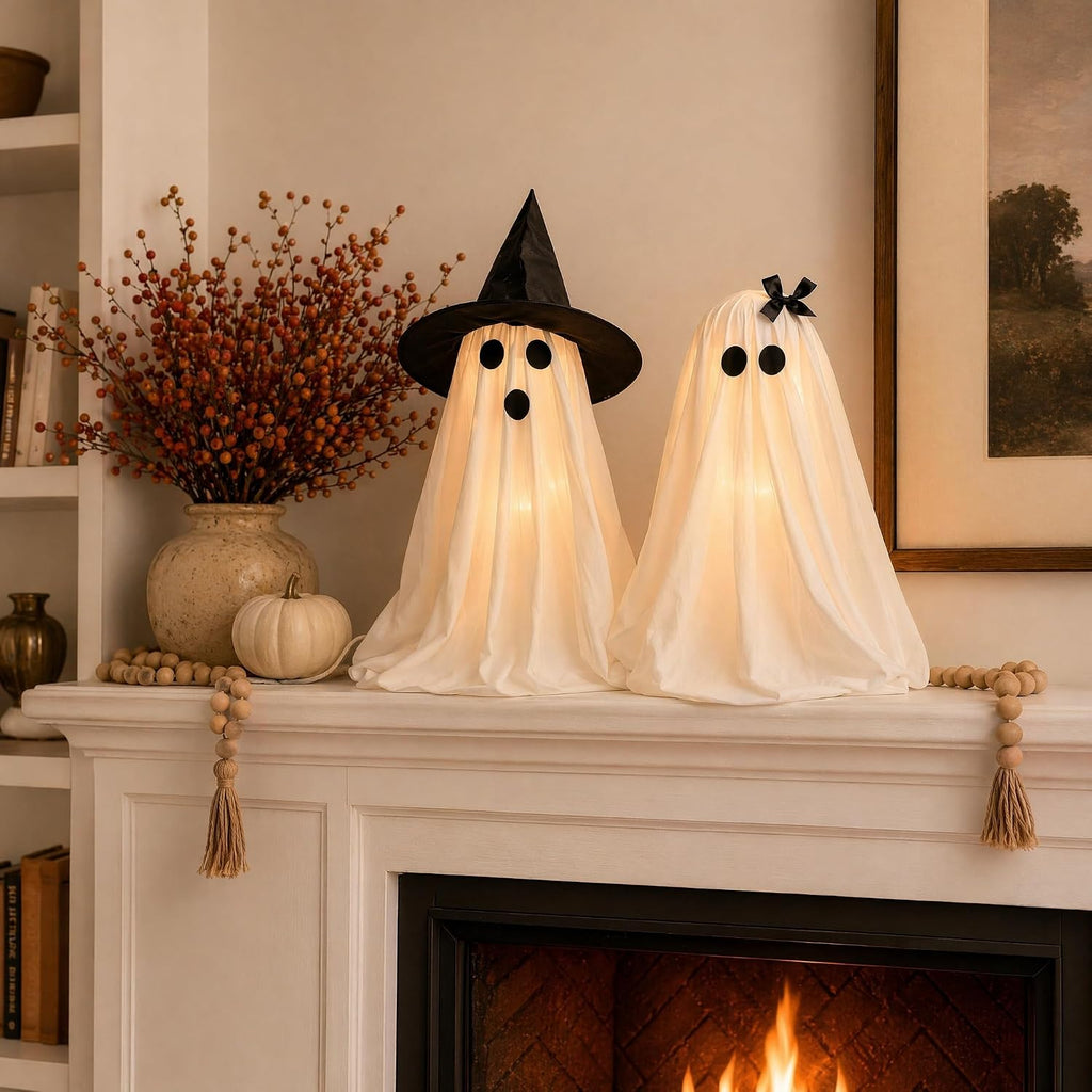 Halloween Decorations Light-Up Ghosts with Witch Hats, Indoor Ghost Decor - Set of 2
