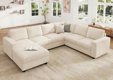 Corduroy Sectional Sofa with Storage, U Shape Sofa with Chaise, 7 Seater Sectional Couch, Beige