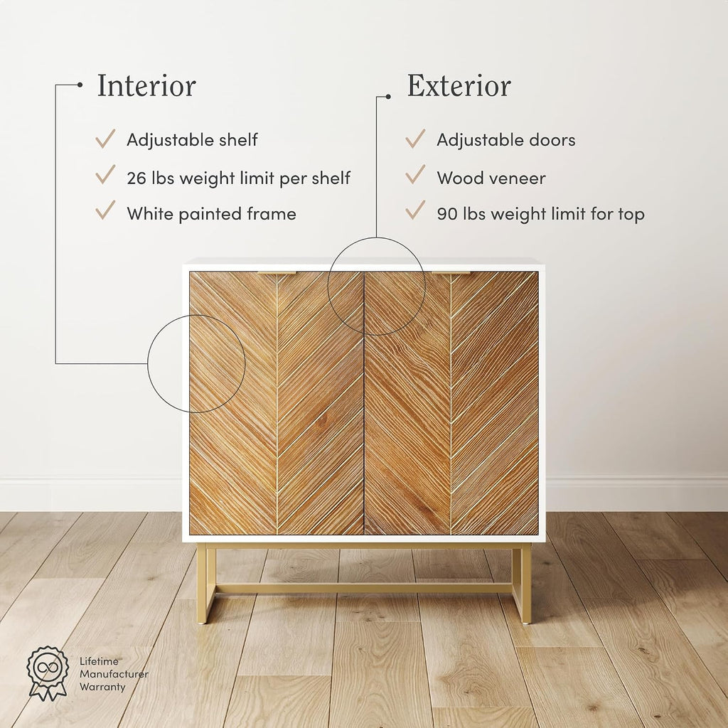 Enloe Modern Storage Free Standing Accent Cabinet White with Doors in a Rustic Pine Wood Finish and Gold