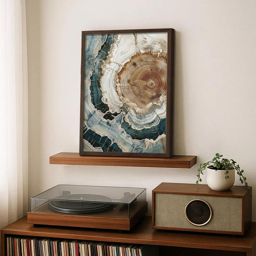 Abstract Nature Framed Wall Art, Modern Boho Tree Ring Canvas Prints Decor, Rustic Wood Slice Painting in Wood Frame