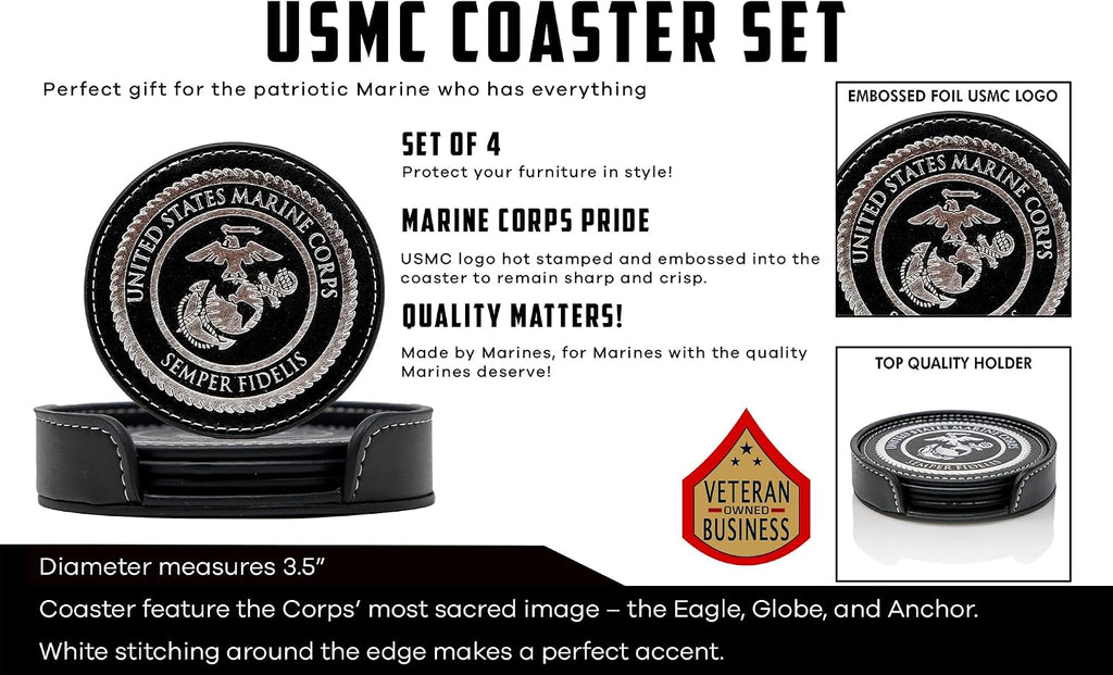 USMC Leather Coaster Set - 4 Premium Coasters with Hot Stamped Foil US Marines EGA Logo - Marine Corps Gift | USMC - Set of 4