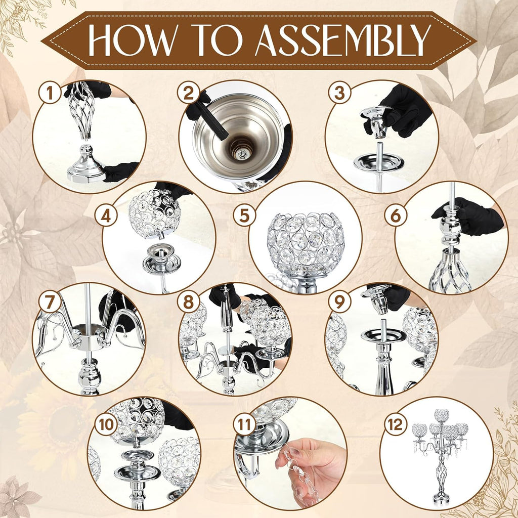 4 Pcs 5 Arm Crystal Candelabra Centerpieces for Table 27 Inch Retro Victorian Crystal Candle Holders Bowl Table
