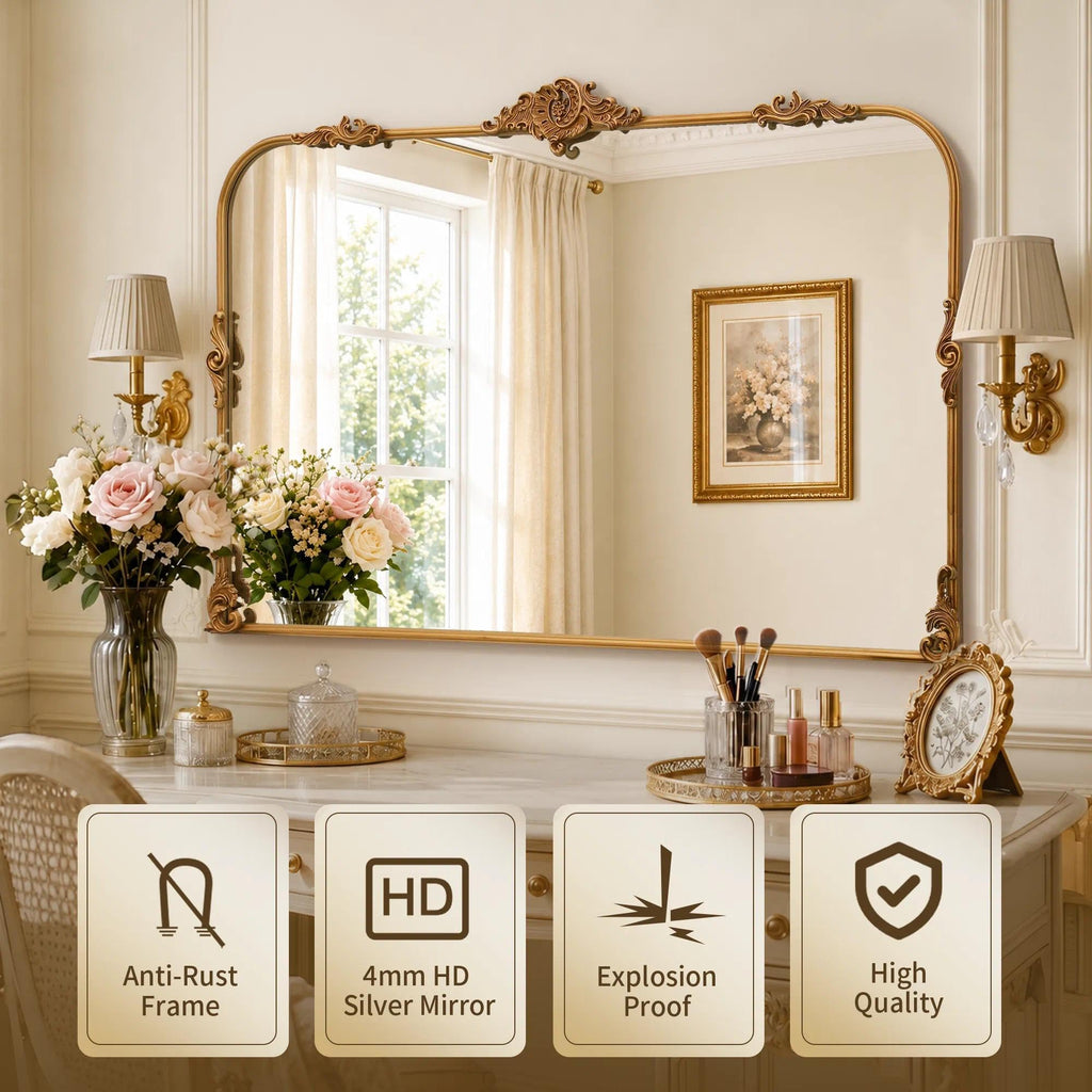 Large Gold Arched Mirror: 48"x33" Baroque Vintage Wall Mirror