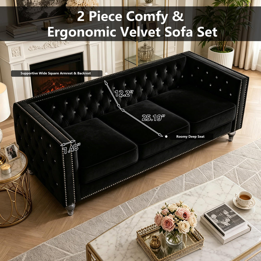 2 Piece Chesterfield Sofa Couch Set, Luxury Crystal Button Tufted Sofas with Silver Nailhead Trim Set of 2, Including
