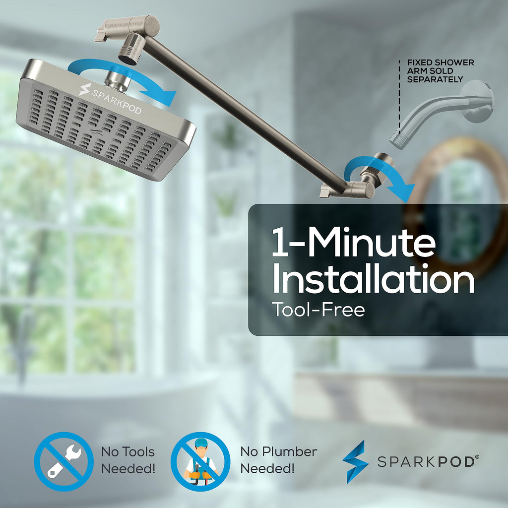 Square Rain Shower Head with Extension Arm - Height Adjustable Shower Head with High Pressure Performance - Easy