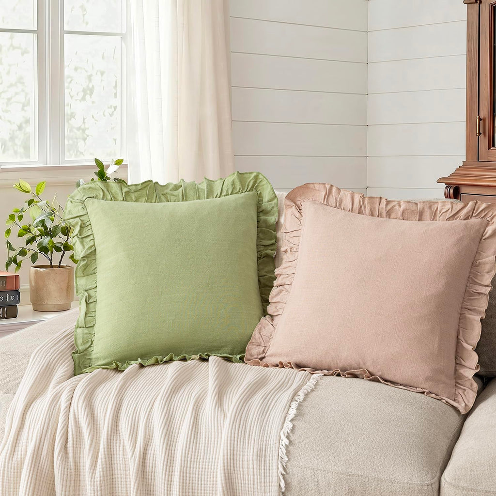Linen Fringe Ruffle Throw Pillow Covers 18×18 Inch Light Green