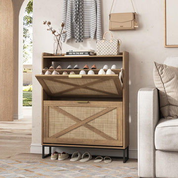 Shoe Storage Cabinet with 2 Rattan Flip Drawers, Freestanding Organizer with Metal Legs, Narrow Shoe Rack Cabinet