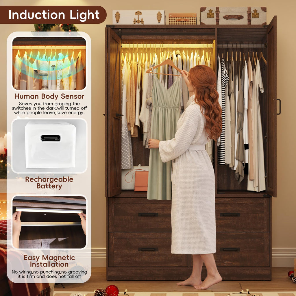 Farmhouse 3-Door Armoire Closet w/Mirror & LED, Rustic Brown