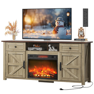 Electric Fireplace TV Stand for 65 75 inch TV, Modern Farmhouse Entertainment Center with Removable Fireplace &