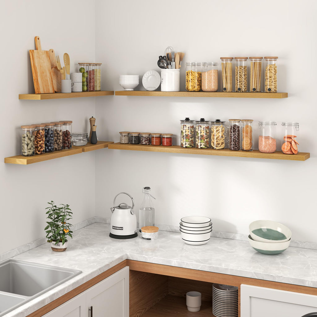 24 Inch Floating Shelves for Wall, Mounted Storage Wood Shelves with Invisible Brackets Hanging Shelf, Set of 2, Oak