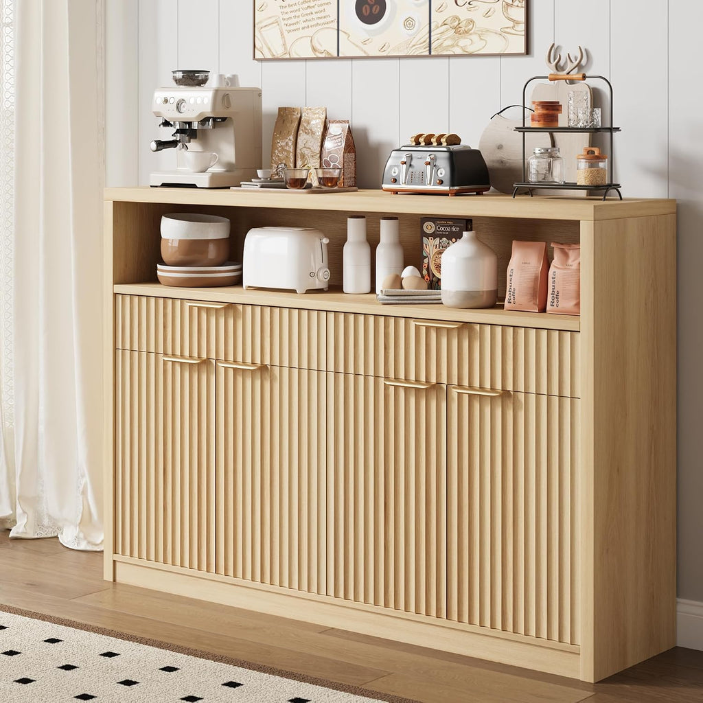 51" Buffet Sideboard Cabinet, Modern Hutch Storage Cabinets Natural | Fluted Pantry with Doors, Drawers & Open