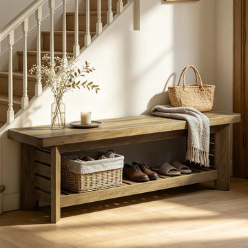 63" Entry Way Bench, Long Wood Entryway Benches Bedroom, Farmhouse Indoor Shoe Storage Bench Seat, Rustic Brown