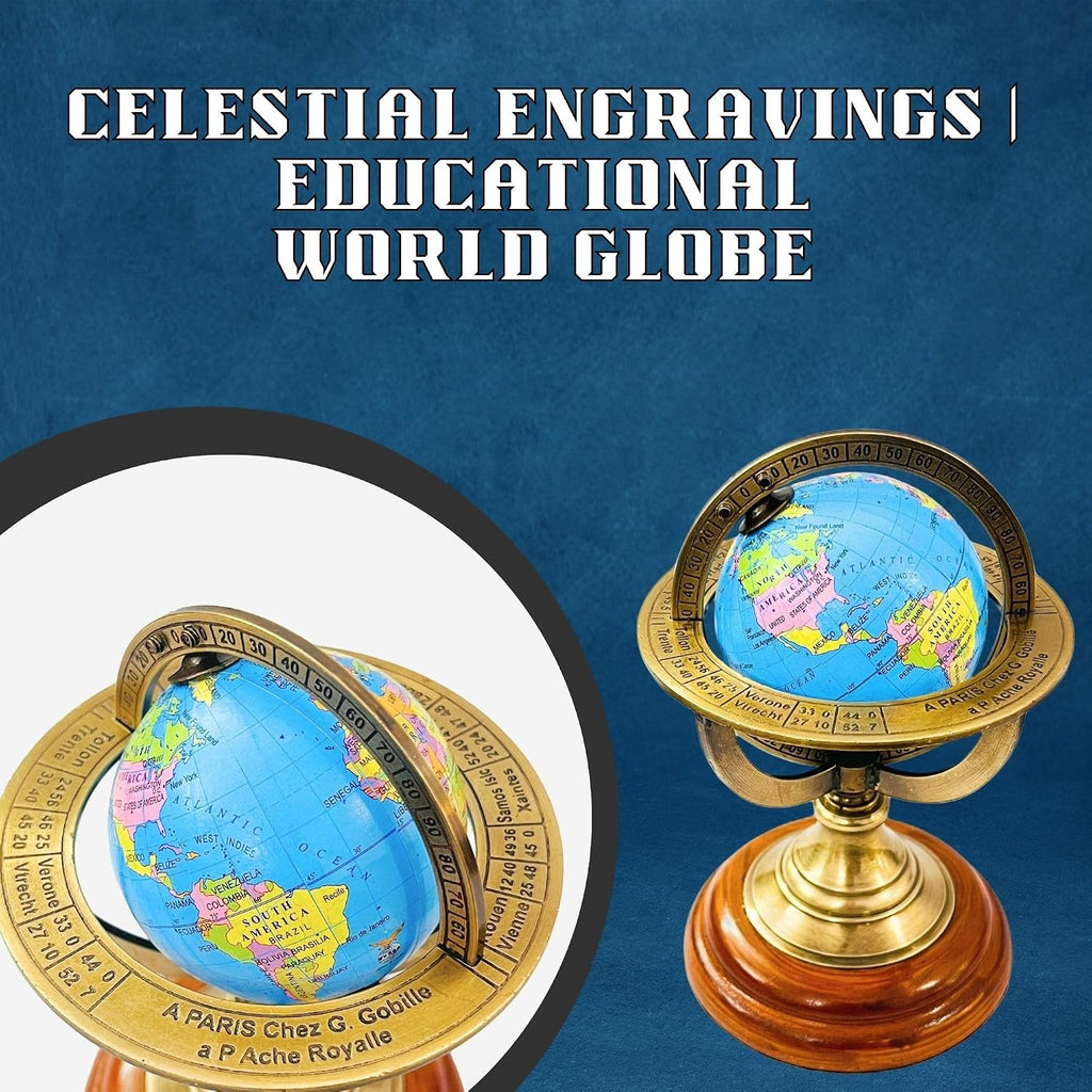 5.10" Nautical Brass Armillary Sphere World Globe with Aqua Blue Map, Brown Wooden Base - Elegant, Durable Decor or