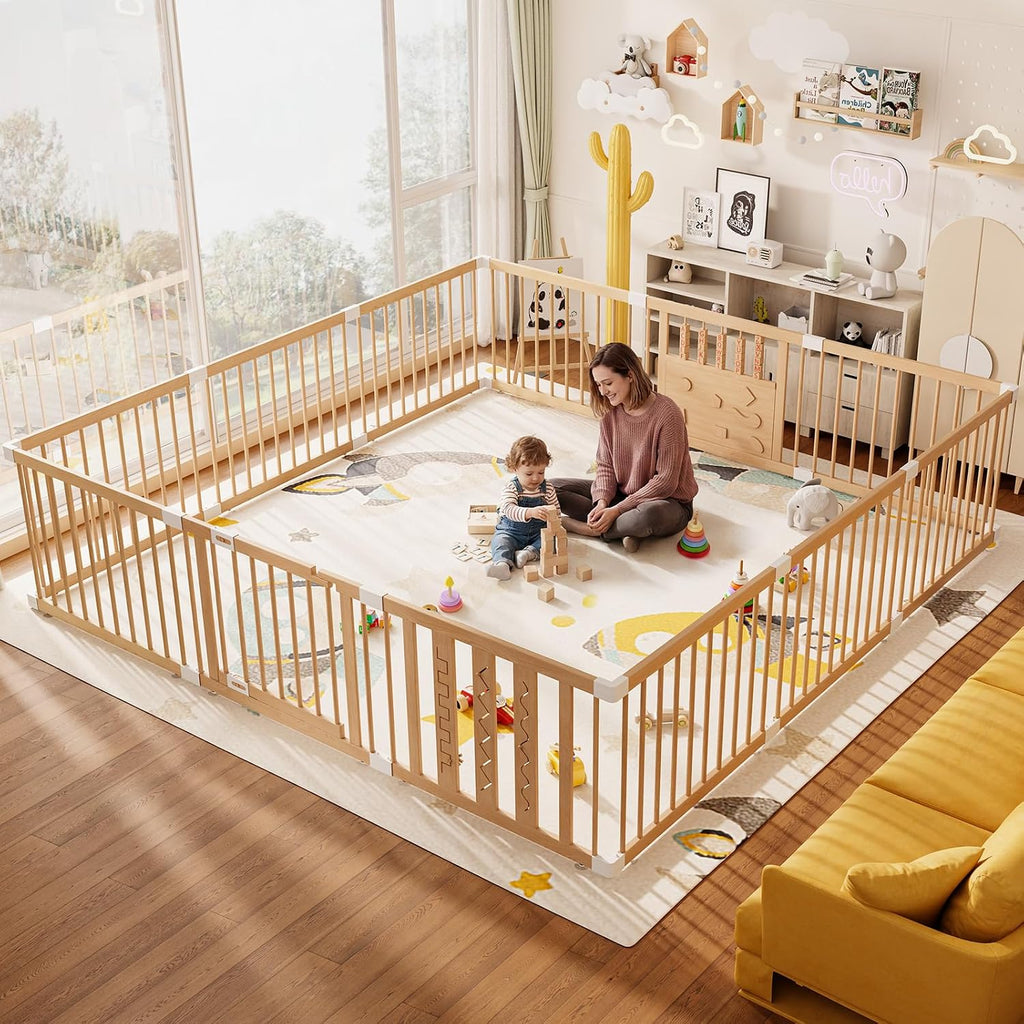 Wooden Baby Playpen, 64"x64" Extra Large Play Yard for Toddlers