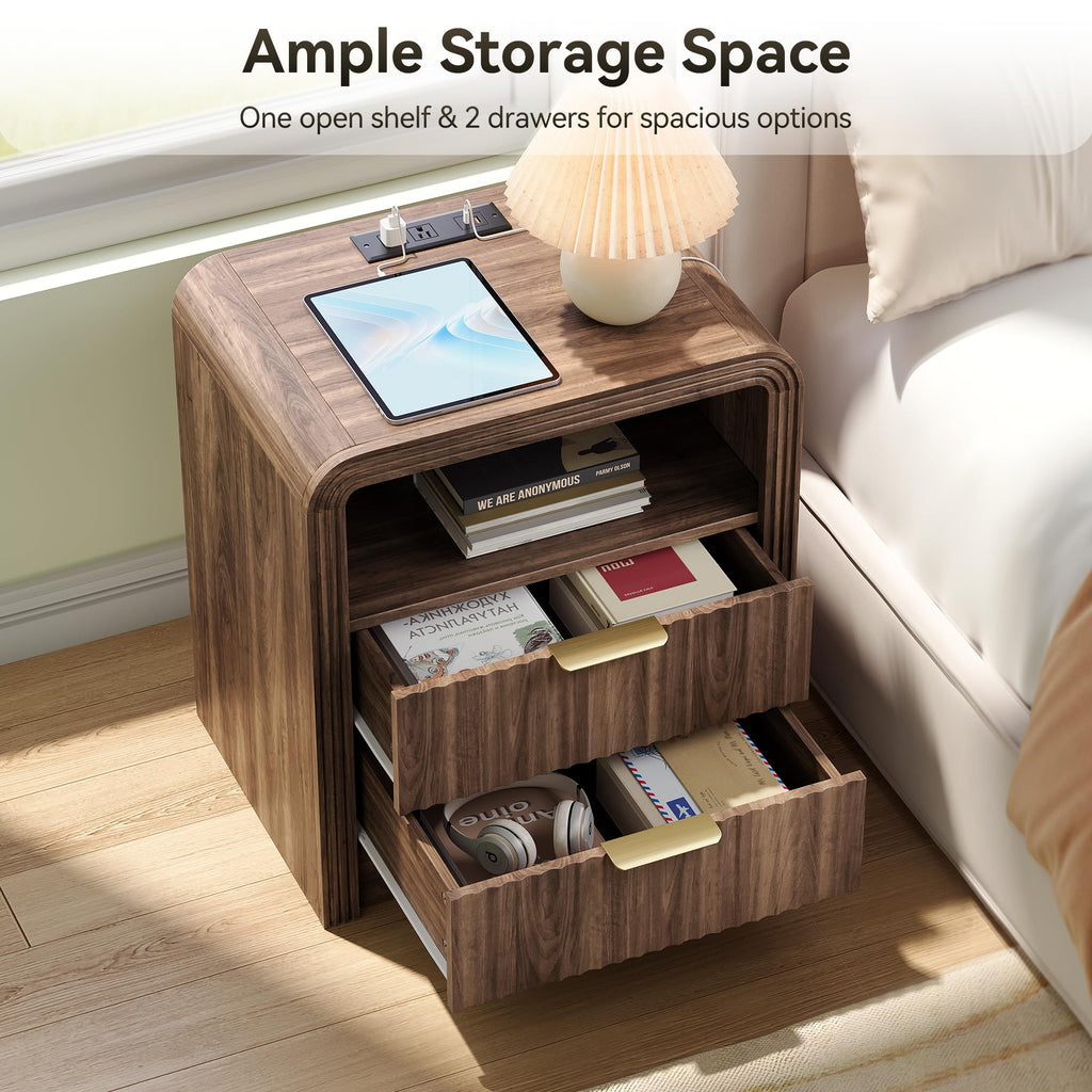 Fluted Nightstand with Charging Station, 2 Drawers, Walnut