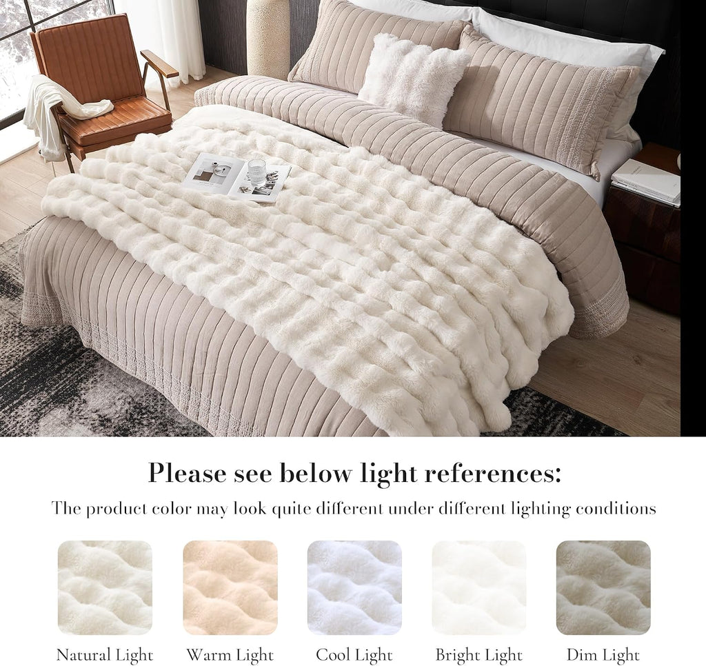 Faux Fur Throw Blanket, Ultra Soft Fuzzy Plush Bubble Blanket for Couch, Bed & Living Room, 60"x80", Cream White