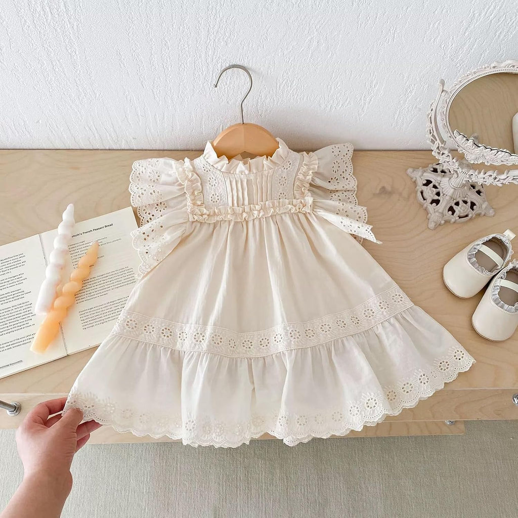 Summer Toddler Girls' Cotton - Spandex Frilled Princess Dress with Lace Trim and Flutter Sleeves
