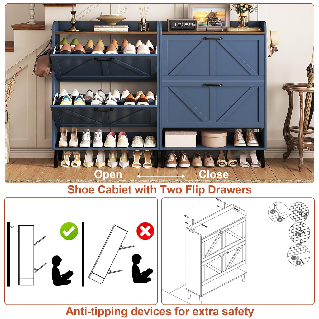 Shoe Storage Cabinet, Slim Shoe Organizer with Two Flip Drawers, Narrow Shoe Holder with Wood Legs, Farmhouse Hidden