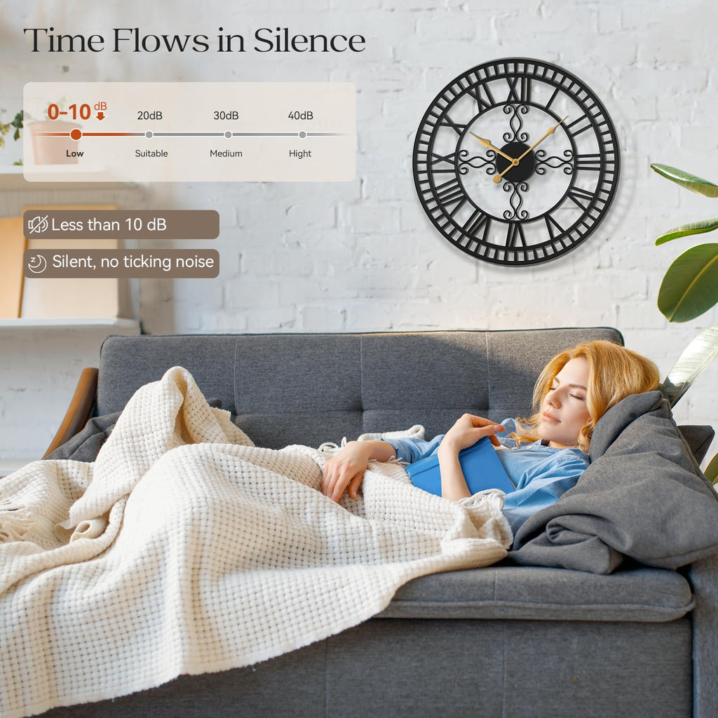 30" Large Wall Clock Decorative, Black Metal Roman Numeral Big Clock Completely Silent, Oversized Wall Clocks