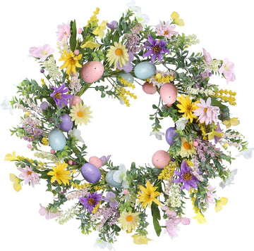 20 Inch Easter Wreath with Spring Artificial Flower Colorful Eggs Daisies Lavender Eucalyptus Leaves for Front Door