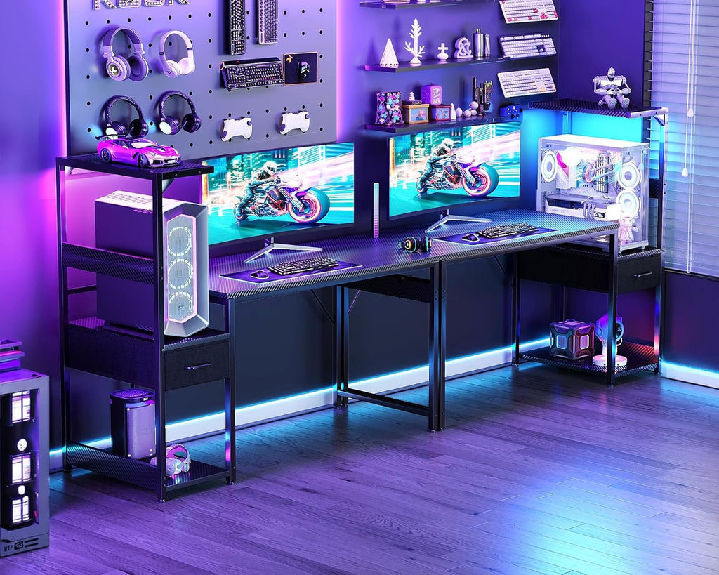 48'' Gaming Desk with LED Lights & CPU Stand, Reversible Computer Desk with Storage Shelves & Fabric Drawer, Modern