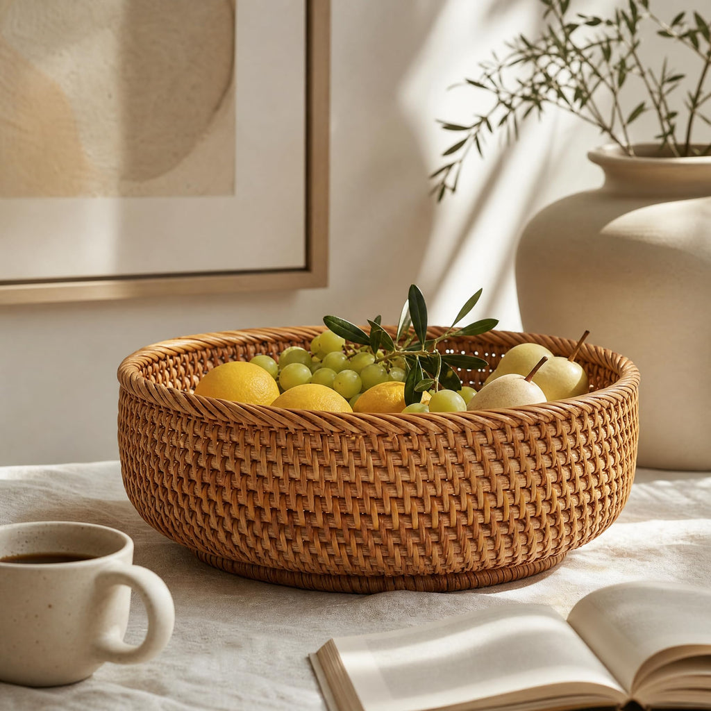 10.6" Large Round Rattan Bread Fruit Basket - Wicker Storage Basket Serving Bowl, Decorative Tabletop Food Basket