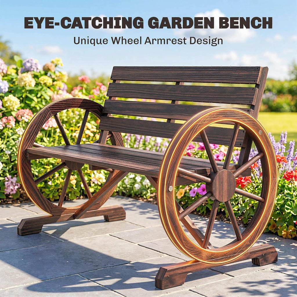 41" Wooden Wagon Wheel Bench Rustic Outdoor 2-Person Carbonized | Patio Bench, Weather Resistance Furniture, Slatted