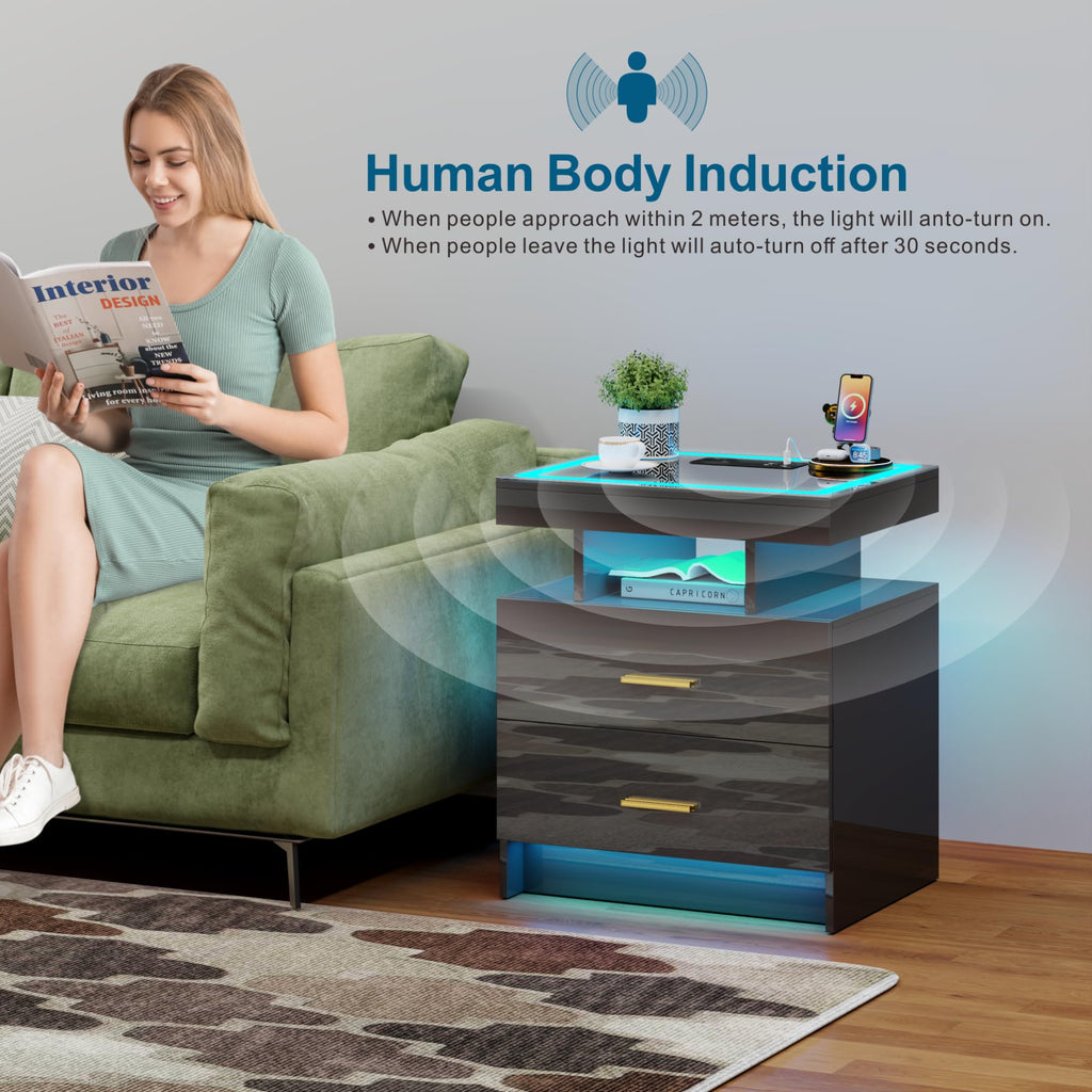 Glass Top LED Nightstand with Wireless Charging & Auto Sensor, Black