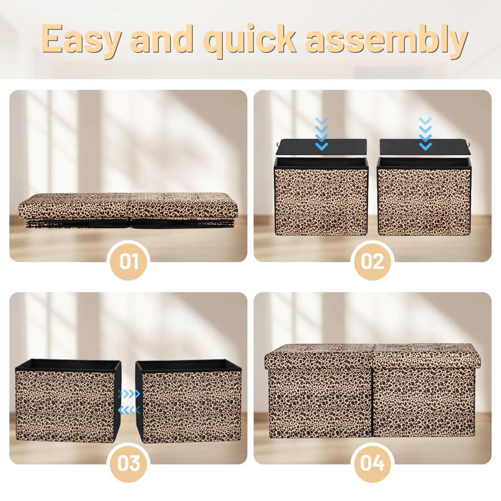 Storage Ottoman Bench, 34" Folding Velvet Foot Rest, Leopard Print