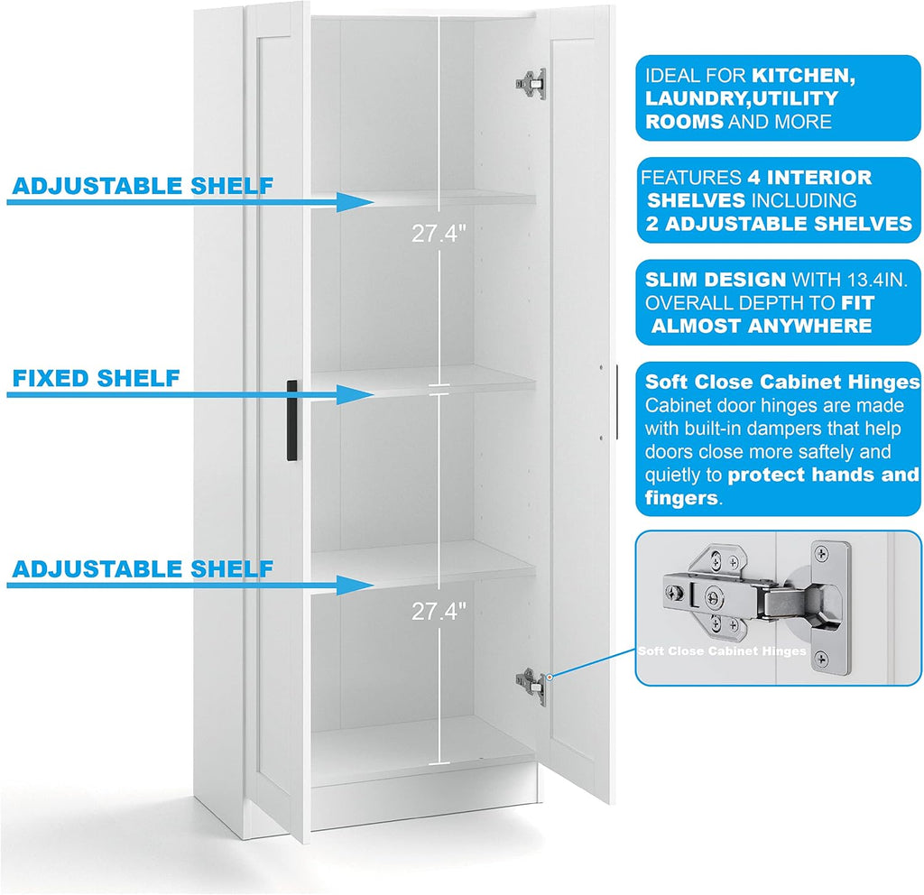 Wooden Storage Cabinet, Narrow Pantry Cabinets Free Standing Tall Storage Cabinet with 2 Doors and Shelves (White)