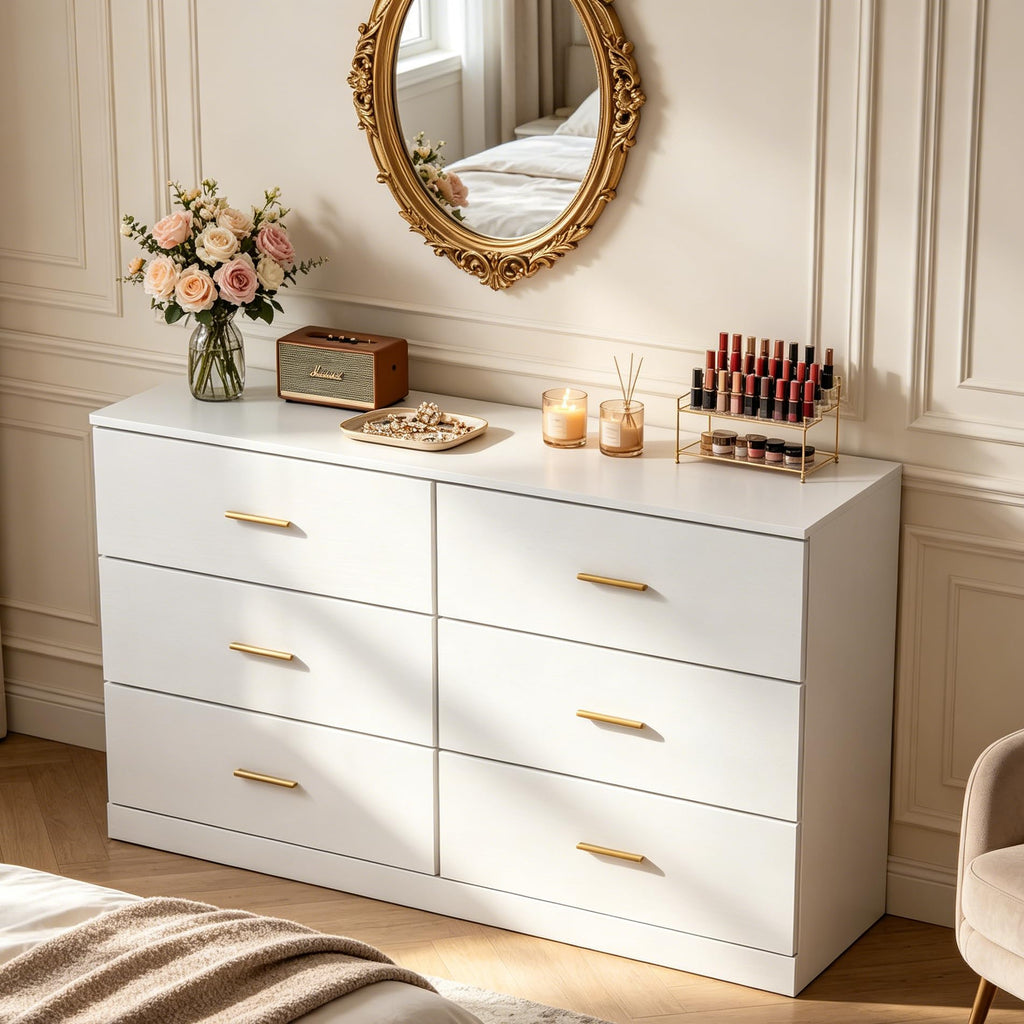 47" Modern White, 6 Drawer with Gold Handles