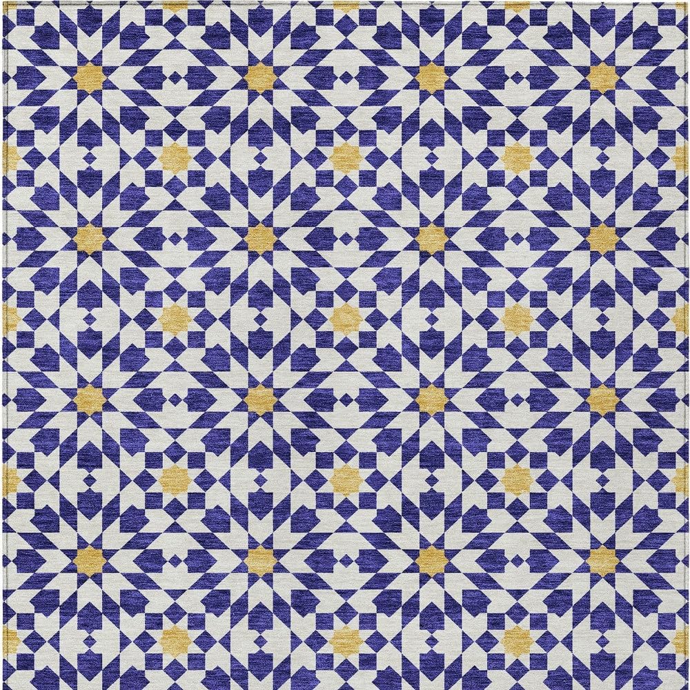 5' X 8' Navy Blue and Ivory Floral Medallion Washable Indoor Outdoor Area Rug