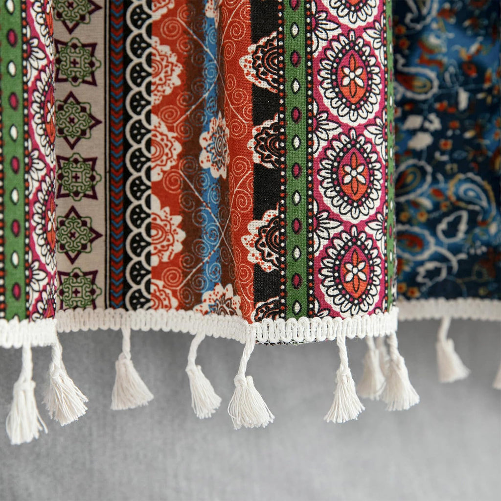 Boho Semi Blackout Kitchen Valances, Striped Geo Pattern Decorative Window Treatments with Tassel, 1 Panel Rod Pocket