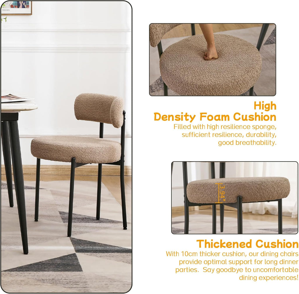 Upholstered Dining Chairs Set of 6, Mid-Century Modern Boucle Dining Chairs with Curved Backrest and Black Legs for Kitchen or Dining Room
