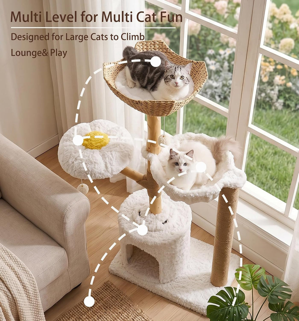 Modern Cat Tree with Hammock 48.5 Inches Cat Tower with Scratching Post, Featuring Real Wood Post, Large