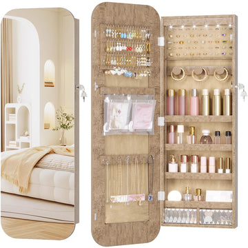 6 LEDs Mirror Jewelry Cabinet Door Hanging, 42.5", Lockable, Brown