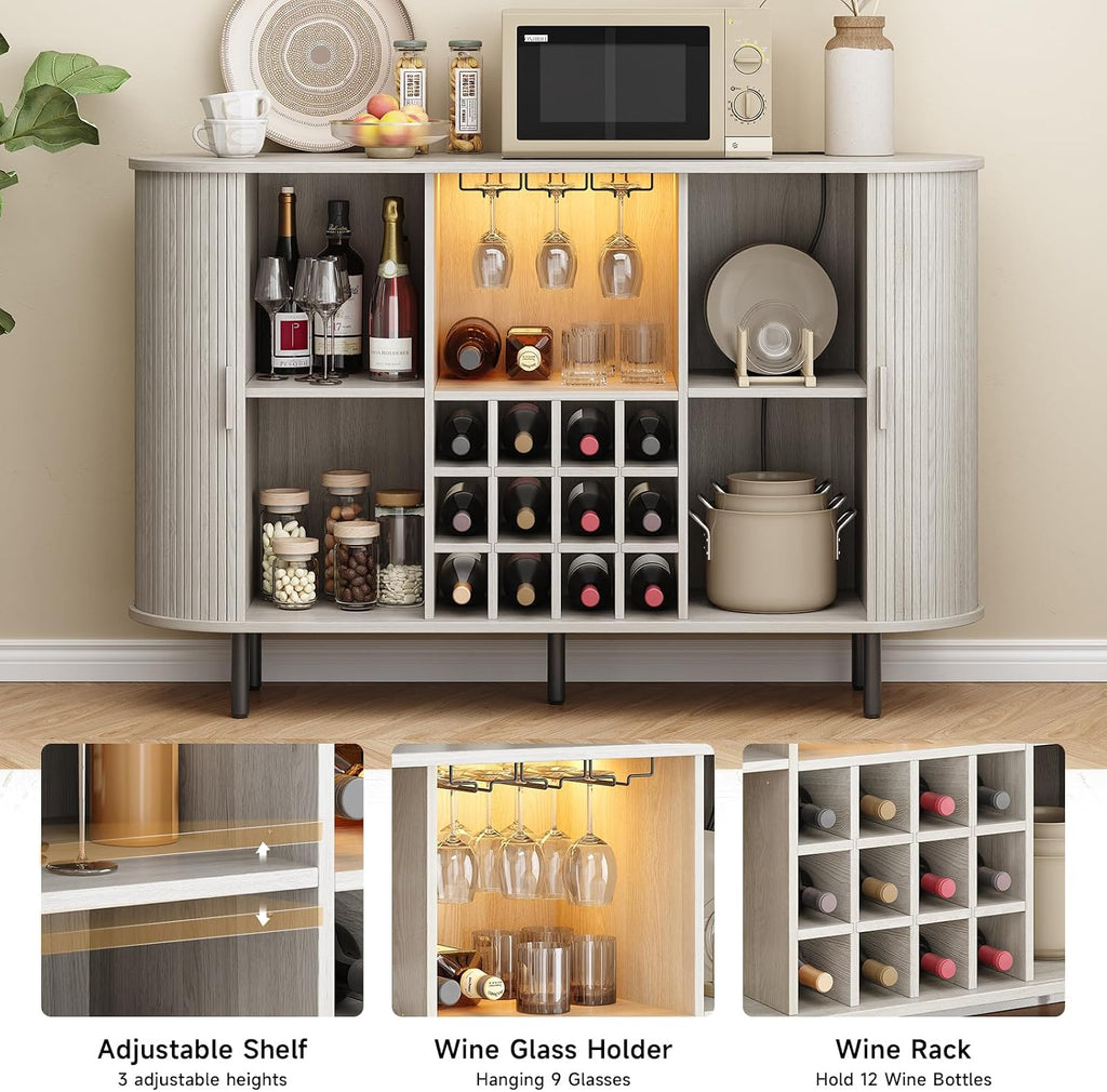 55" Fluted Wine Bar Cabinet with LED Light White | Liquor Coffee Bar Cabinet, with Wine Rack and Glass Holder