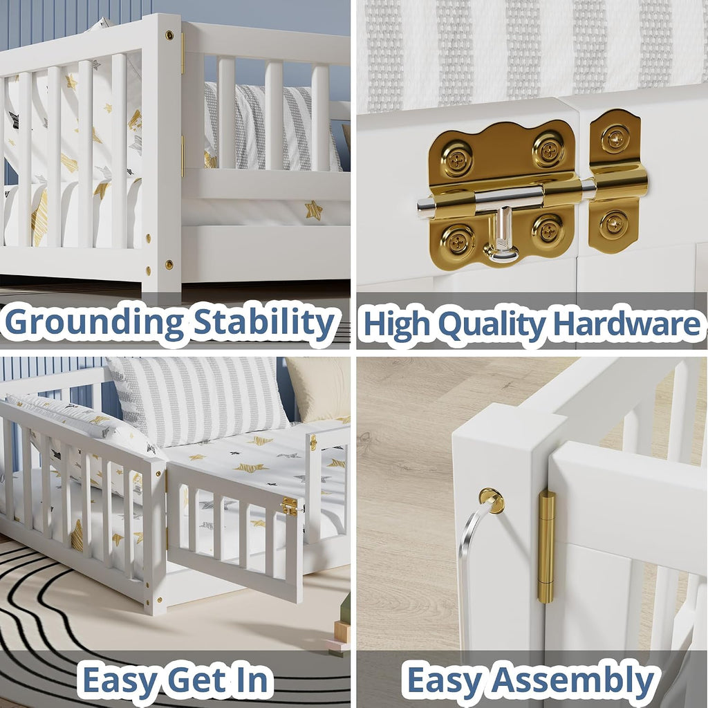 Floor Bed for Children, Sturdy Wood Montessori Bed Frame with Wood Slats, High Fence & Small Door, Montessori