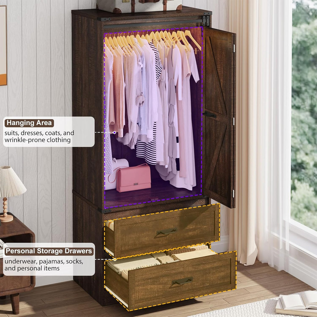 Farmhouse 2 Doors Armoire Wardrobe Closet w/ Folding Sliding Barn Door and Lights, LED Armoire Closet w/Drawers