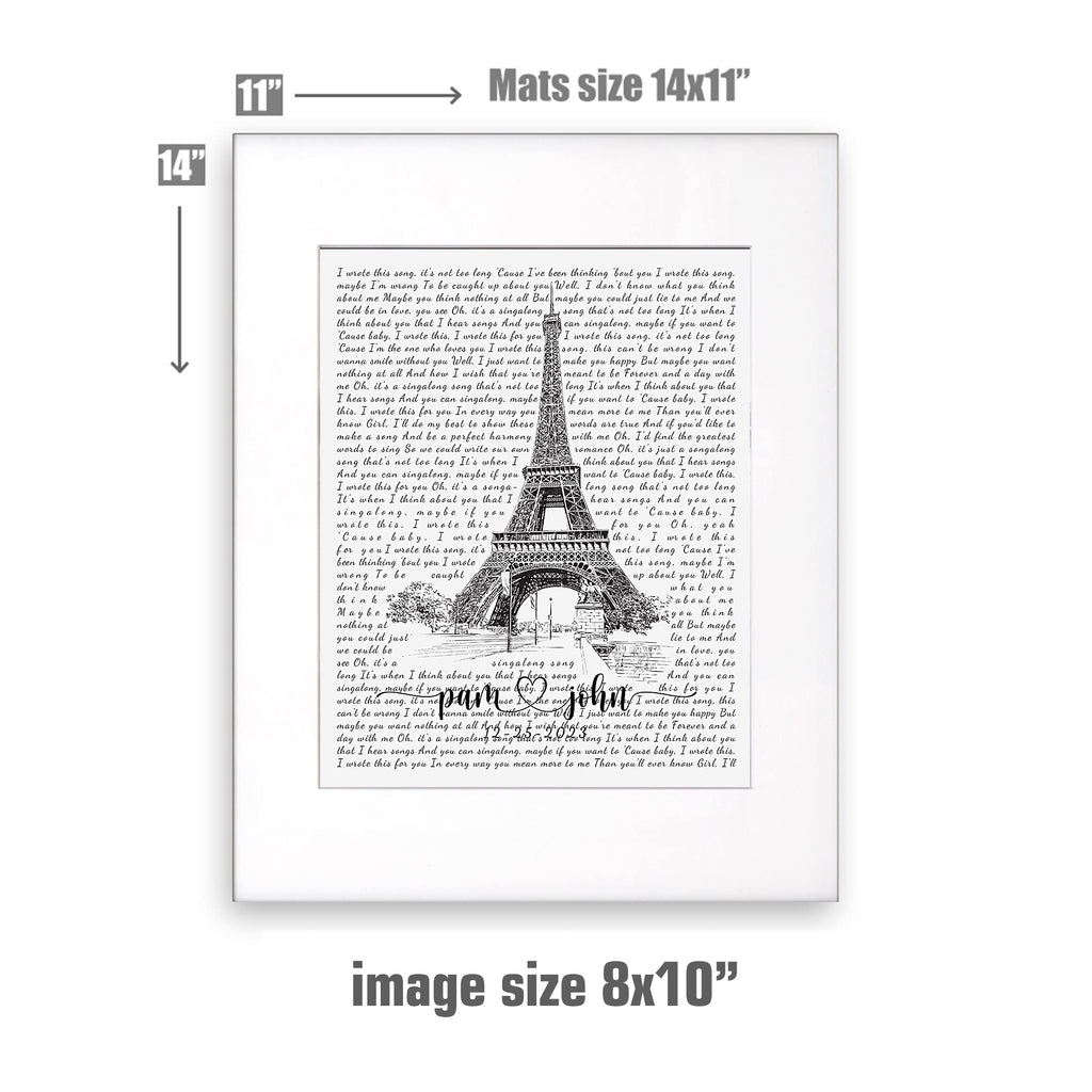 Custom Song Lyrics Paris Eiffel Tower Wall Photo or Canvas Prints with Couple's Names and Special Date on it, Perfect