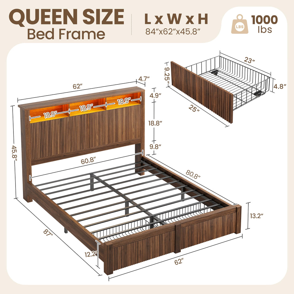 Queen Size Bed Frame with Headboard and 2 Storage Drawers, Walnut