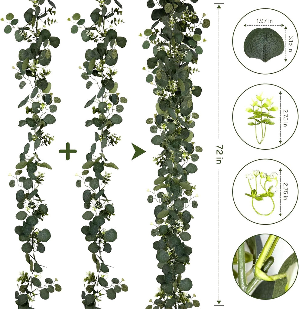 Eucalyptus Garland, 6FT Green Flower Garland Decor, Artificial Faux Eucalyptus Leaves Greenery Vines for Table - Set of 4