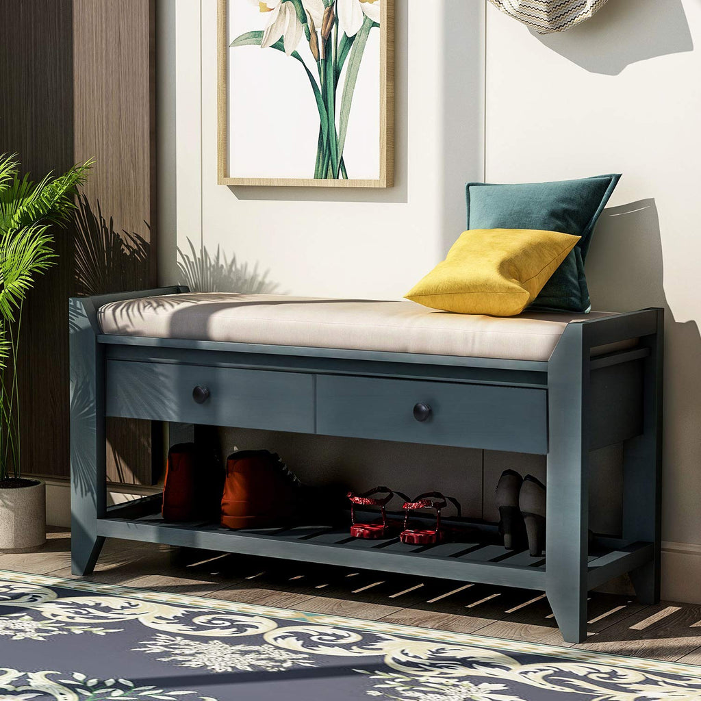 2 Tier Shoe Rack Bench with Cushion, Solid Wood Storage Bench with 2 Drawers, Antique Navy