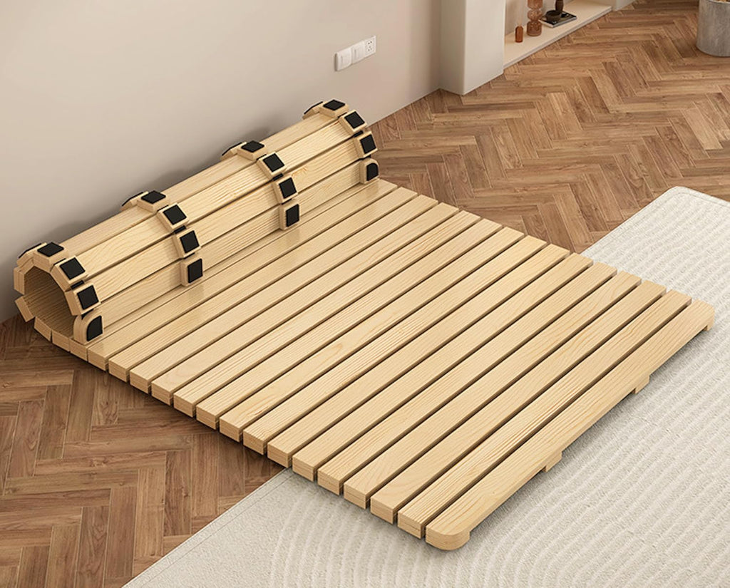 Solid Wood Slatted Bed Frame, Japanese Floor Platform, Natural Wood, 78.7 x 78.7 Inch, Foldable Roll-Up Design