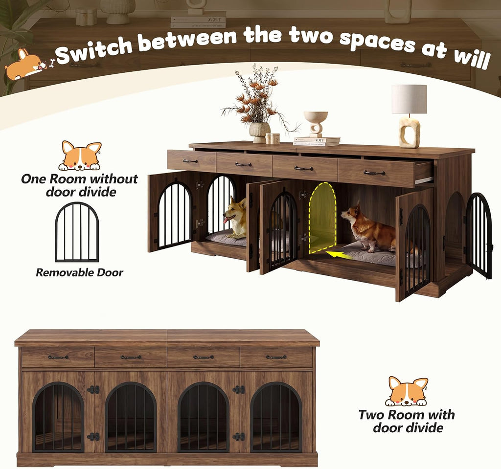 Dog Crate Furniture TV Stand for 2 Dogs, Brown