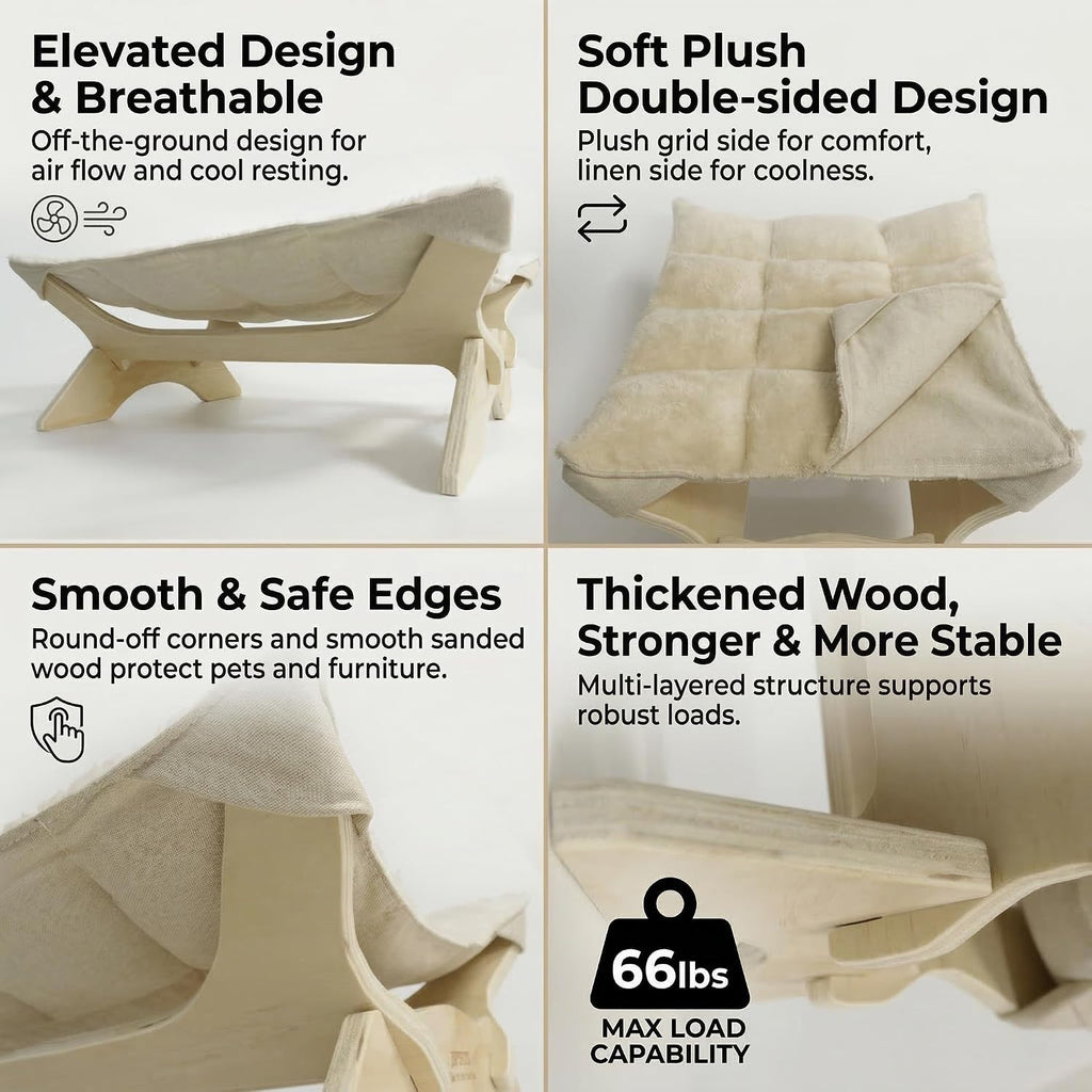 Elevated Cat Bed Hammock, Raised Cat Bed with Dual-Sided Plush & Linen Cushion, Machine Washable & Breathable Cover