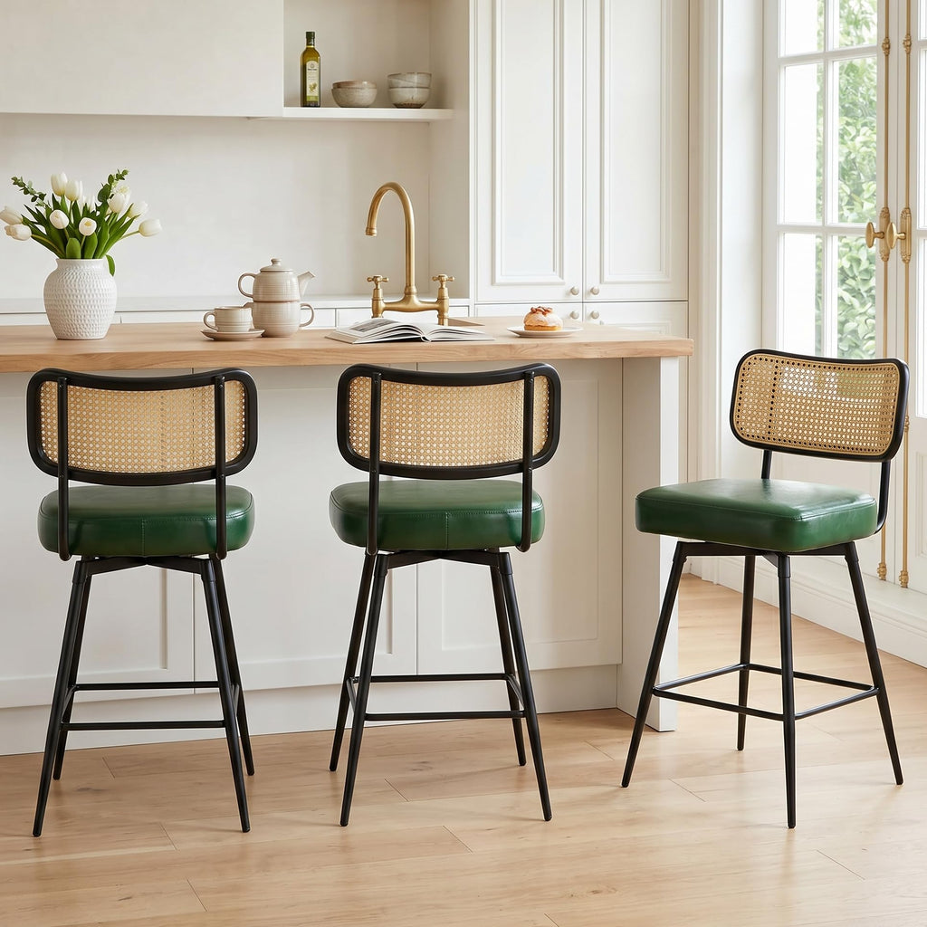 Rattan Bar Stools Set of 2, Swivel Counter Height, Green