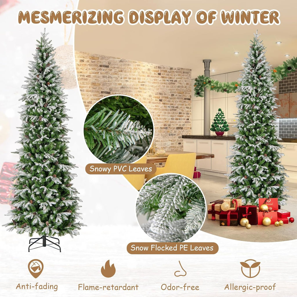 9 FT Pre-Lit Pencil Christmas Tree Snow Flocked, Slim Artificial Xmas Tree with 1310 Branch Tips, 470 LED Lights, 98