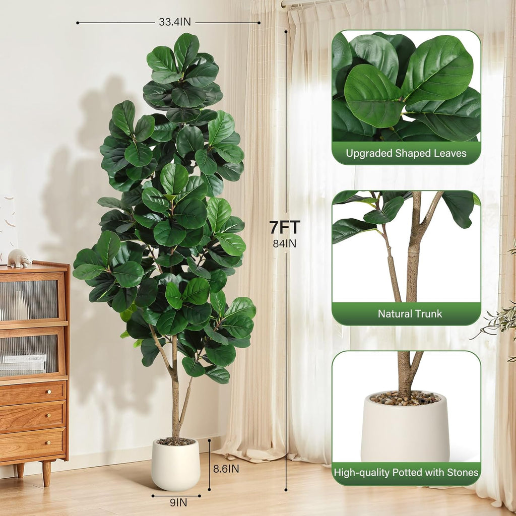 7ft Artificial Fiddle Leaf Fig Tree, 141 Realistic Faux Ficus Lyrata Leaves with 3D Veins, 9in White Ceramic Planter