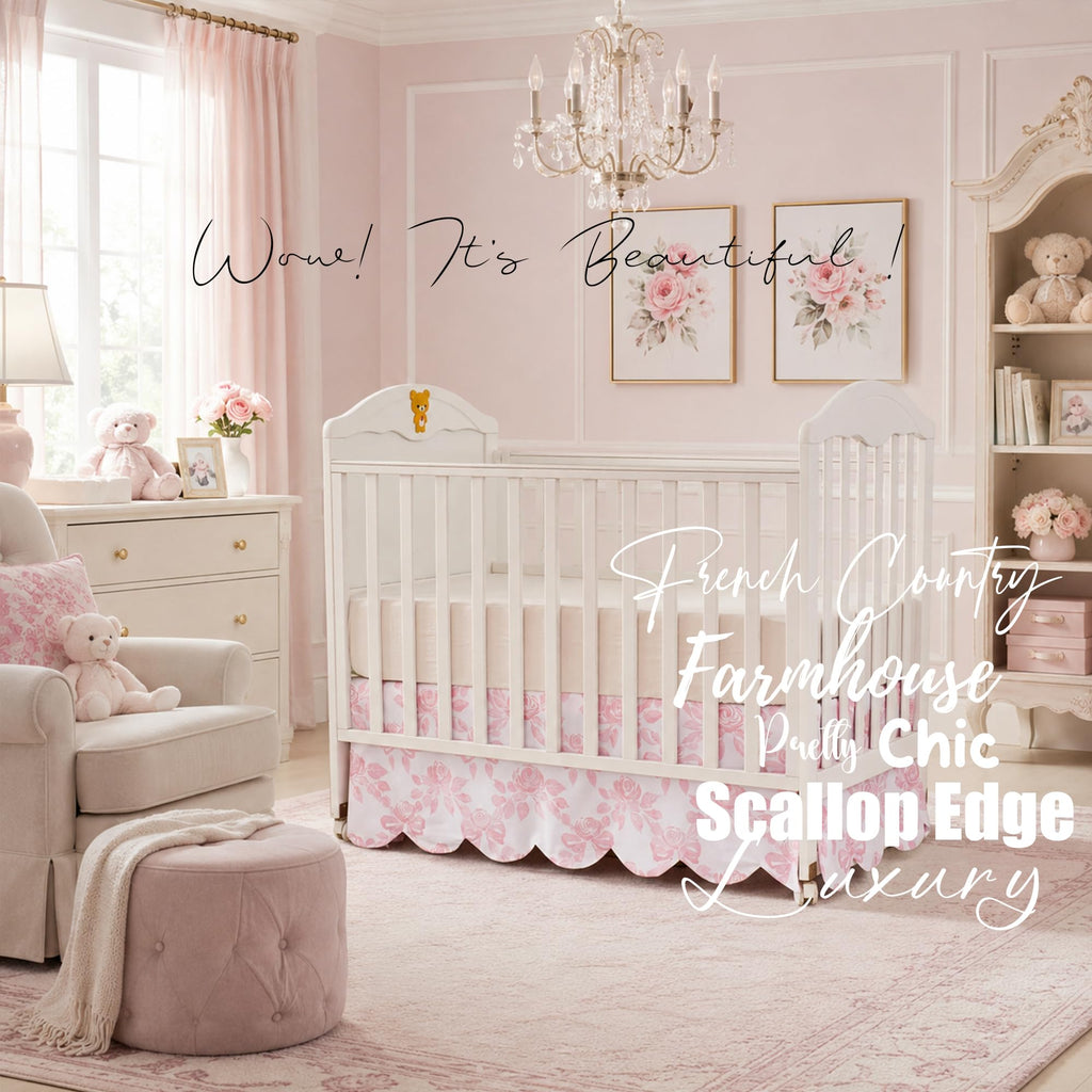 Scallop Edge Organic Cotton Crib Skirt, Baby Girl Crib Skirt Toddler Bedskirt Farmhouse Chic Cottagecore Nursery Bed
